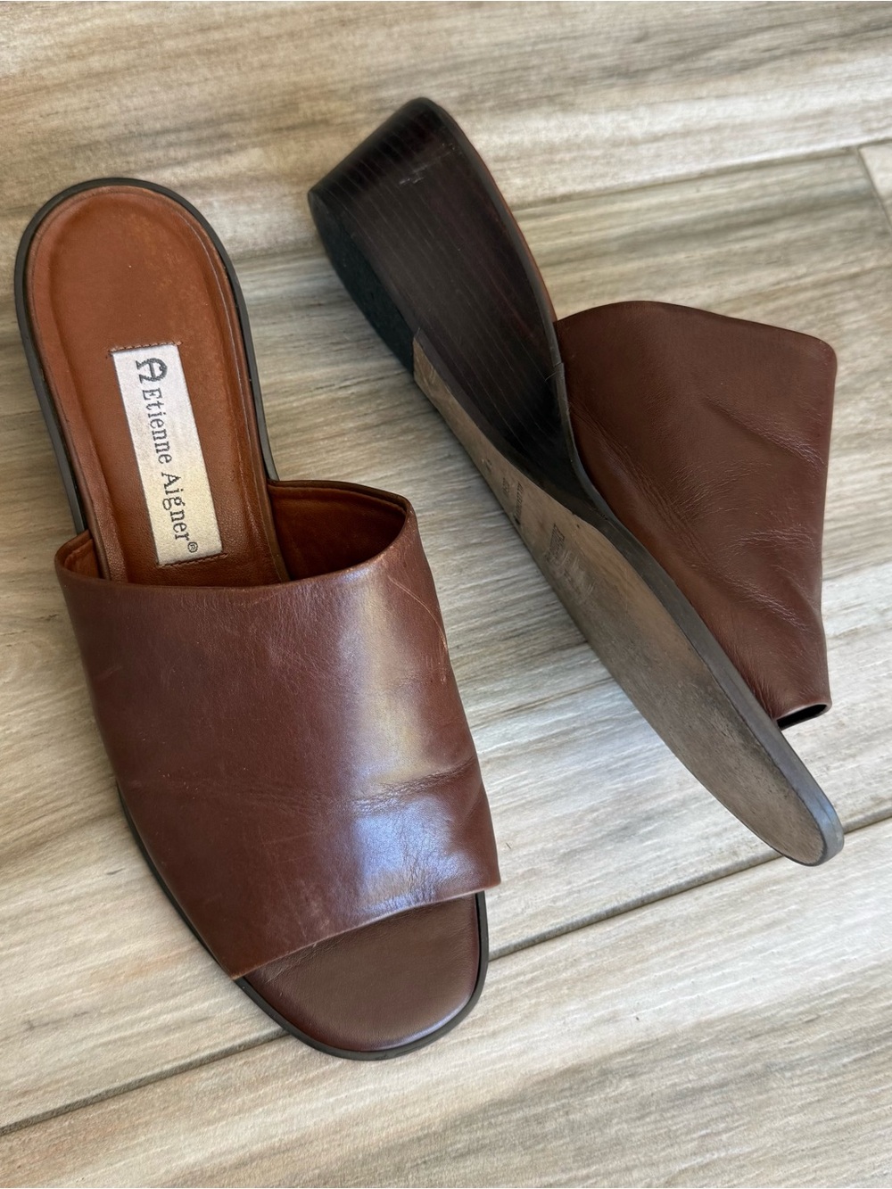 Etienne Aigner Dark Brown Leather Slide Wedges